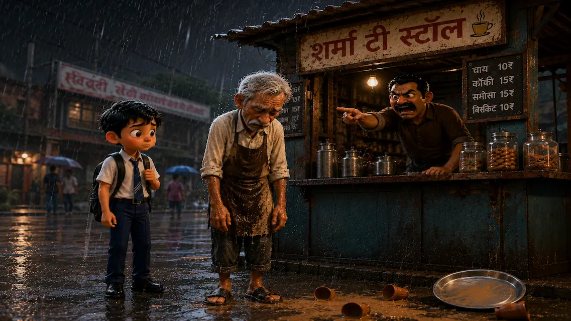 The Tea Stall Accident in the Rain A worried schoolboy watches an elderly tea stall worker being scolded after spilling tea in heavy rain outside a roadside tea stall
