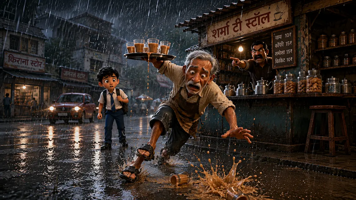 The Rainy Day That Changed Everything One unfortunate accident became a lesson in kindness. An elderly tea stall worker slips while carrying tea in heavy rain as a shocked schoolboy watches and the angry shop owner points at him.