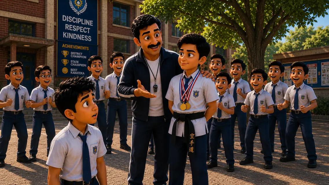 Sports teacher proudly introduces Aditya, a junior black belt karate champion, to students after he peacefully stops a fight without hurting anyone.