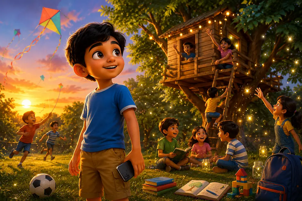 Young boy Aarav sitting in his bedroom, focused on his smartphone while books and toys lie nearby.