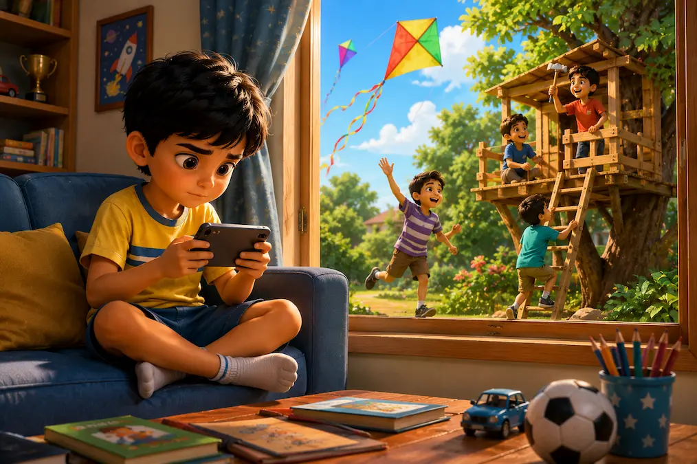 Aarav plays on his smartphone indoors while his friends build a treehouse and fly kites outside.