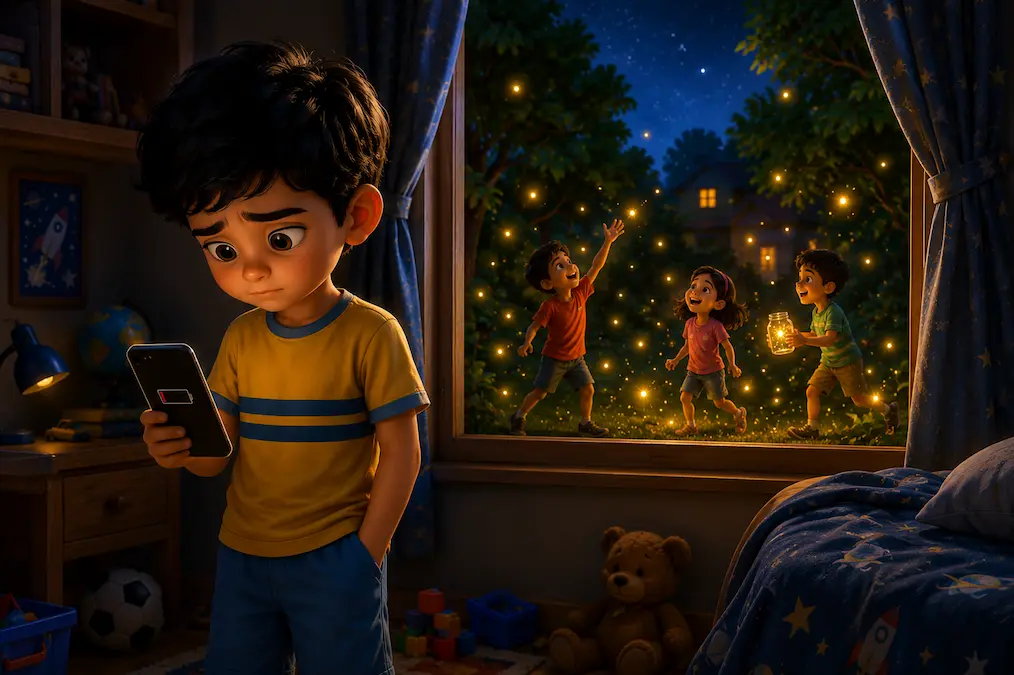 Aarav stands by his window with a low-battery phone, watching friends chase glowing fireflies outside at night.