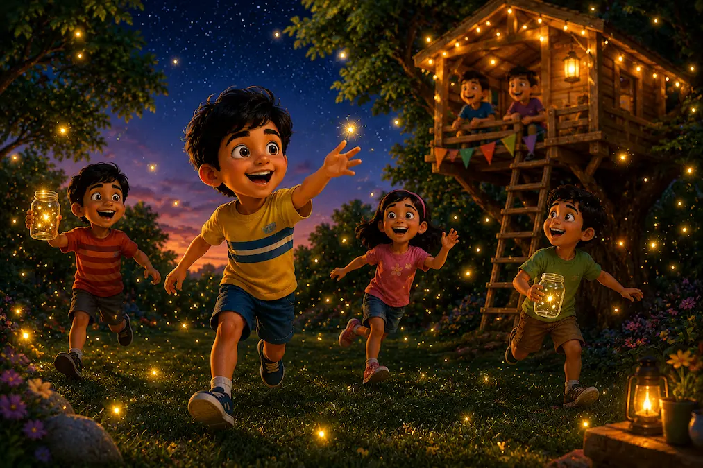Aarav and his friends happily chase glowing fireflies near a treehouse under a star-filled sky.