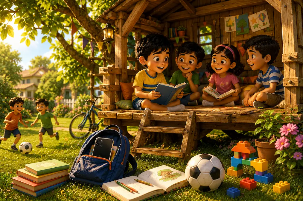 Aarav and his friends read books together inside a treehouse while his phone rests in a backpack nearby.