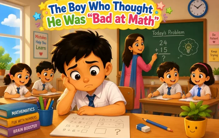Schoolboy struggling with math while sitting at his classroom desk.