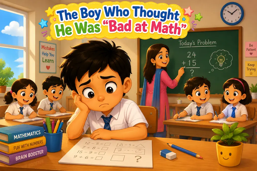 Schoolboy struggling with math while sitting at his classroom desk.