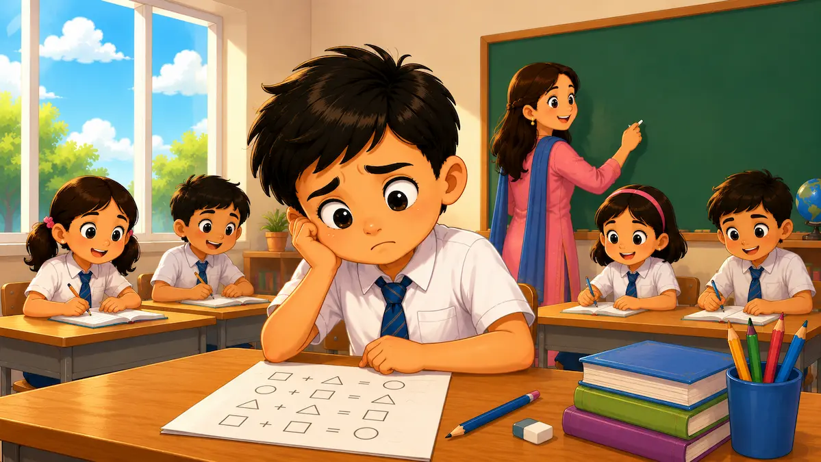 I’m Just Bad at Math – The Boy Who Thought He Was Bad at Math Worried schoolboy struggling with a math worksheet in the classroom