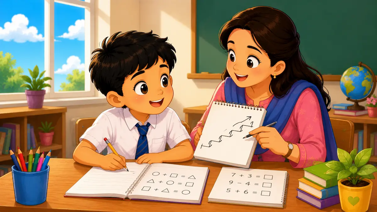 One Step at a Time – Math Confidence Story for Kids Teacher helping a schoolboy learn math one step at a time