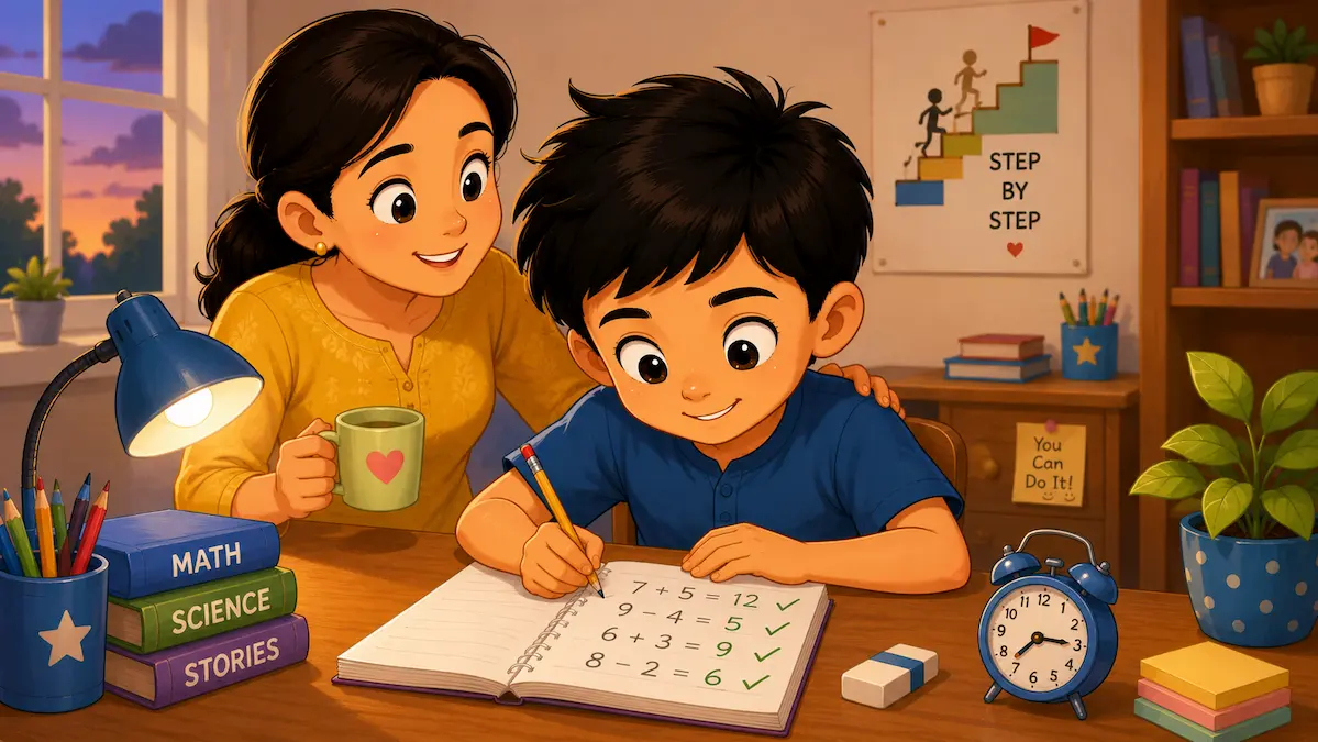 Practice Makes Progress – Motivational Story for Children Schoolboy practicing math at home with encouragement from his mother