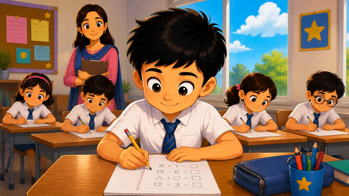 The Surprise Test – Inspirational School Story for Kids Confident schoolboy solving a math test in his classroom