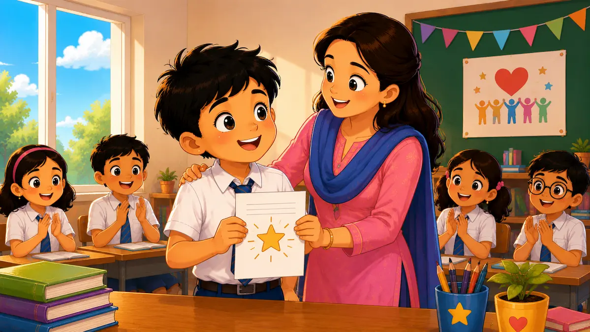 More Than a Grade – Confidence and Perseverance Story for Kids Happy schoolboy receiving encouragement from his teacher after improving in math