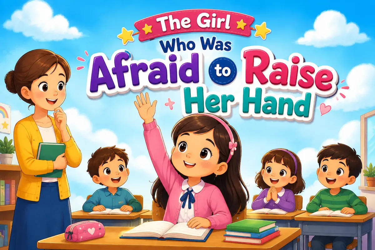 Cute cartoon illustration of a shy schoolgirl gaining confidence by raising her hand in class.