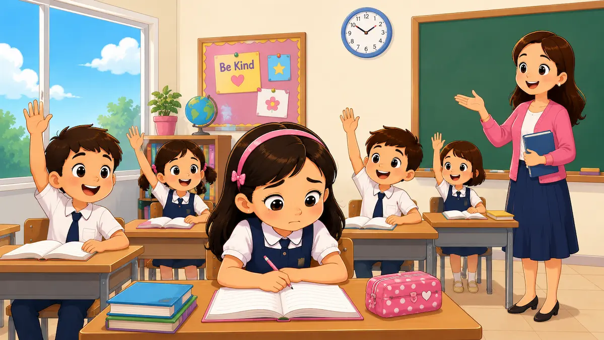 Shy schoolgirl Anaya looks down at her notebook while classmates raise their hands.