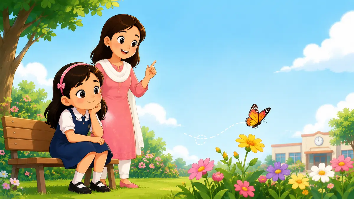 A butterfly inspires Anaya in the school garden while her teacher encourages her.