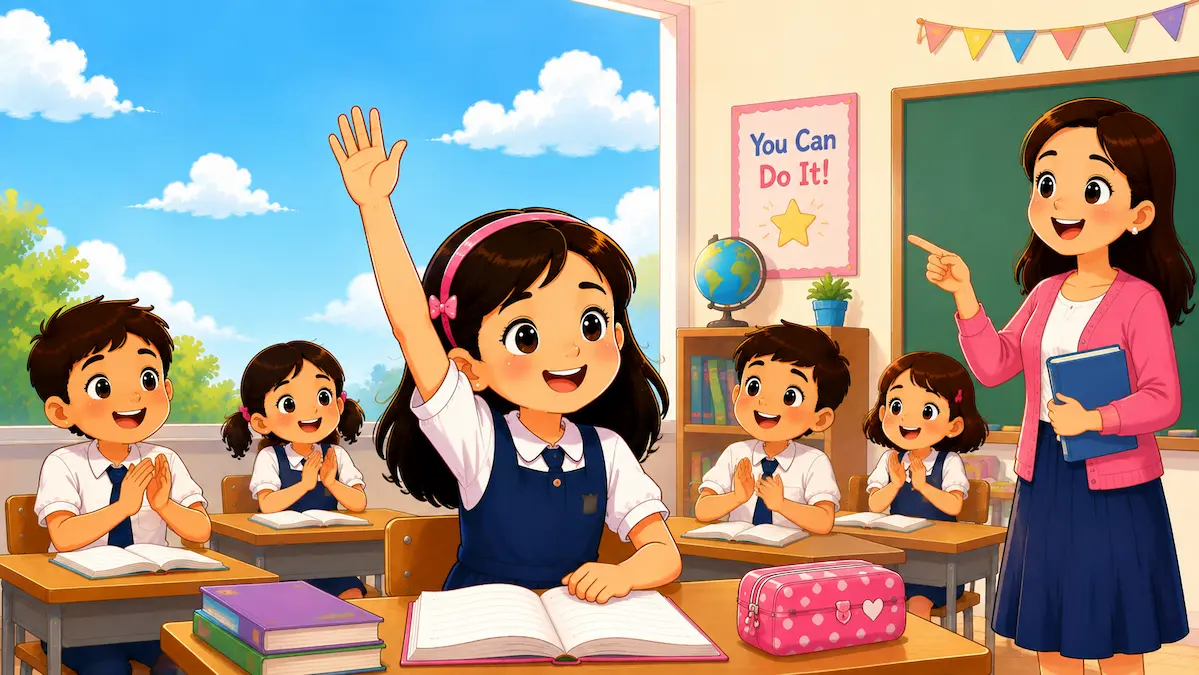 Confident schoolgirl Anaya happily raises her hand while classmates smile and the teacher encourages her.