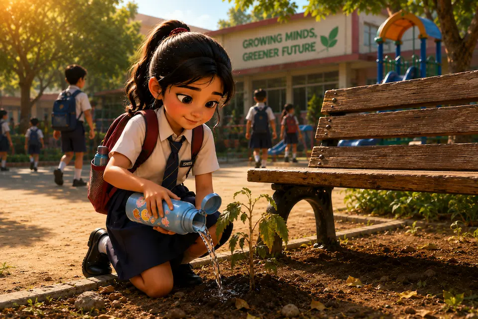 Schoolgirl Ishita kneeling beside a bench and watering a small plant with her water bottle.