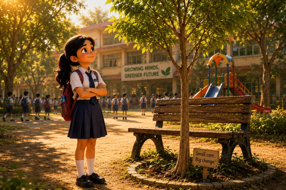 Ishita stands beside the tree she cared for and proudly looks at its green leaves in the school playground.