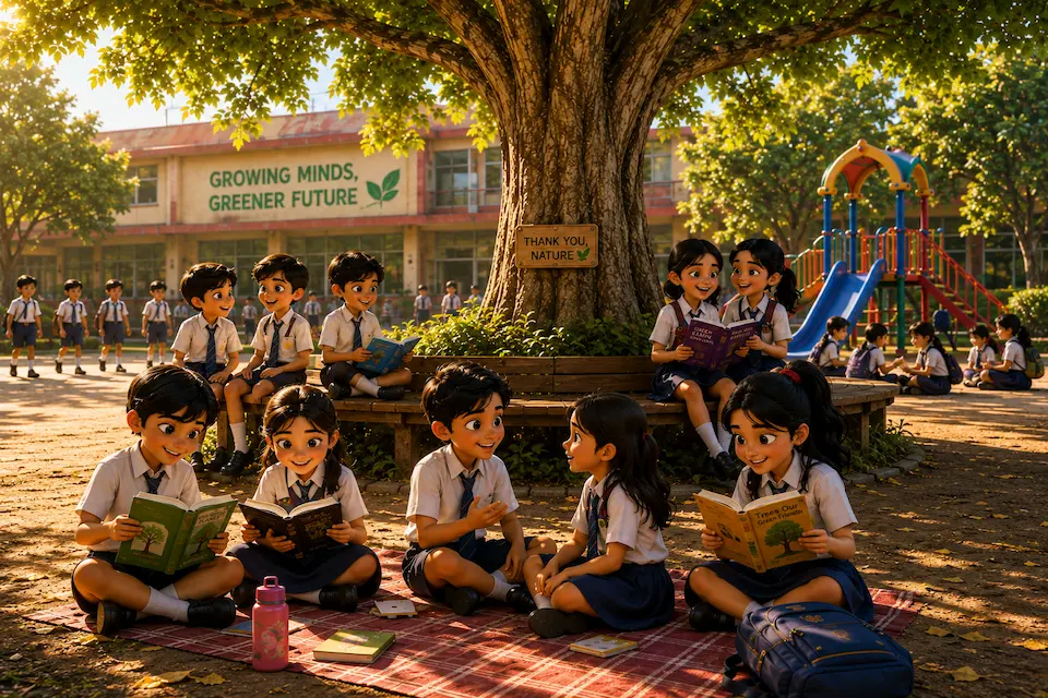 Schoolchildren read and talk together beneath a large tree in their school playground.