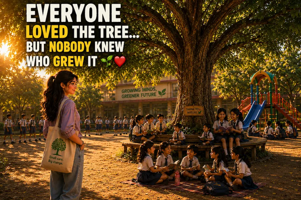 A young woman watches schoolchildren enjoying a large tree with bold text asking who grew the beloved tree.