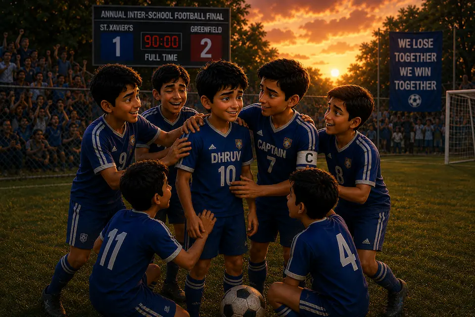 Young football players in blue jerseys gather around and support Dhruv after their team loses the inter-school football final