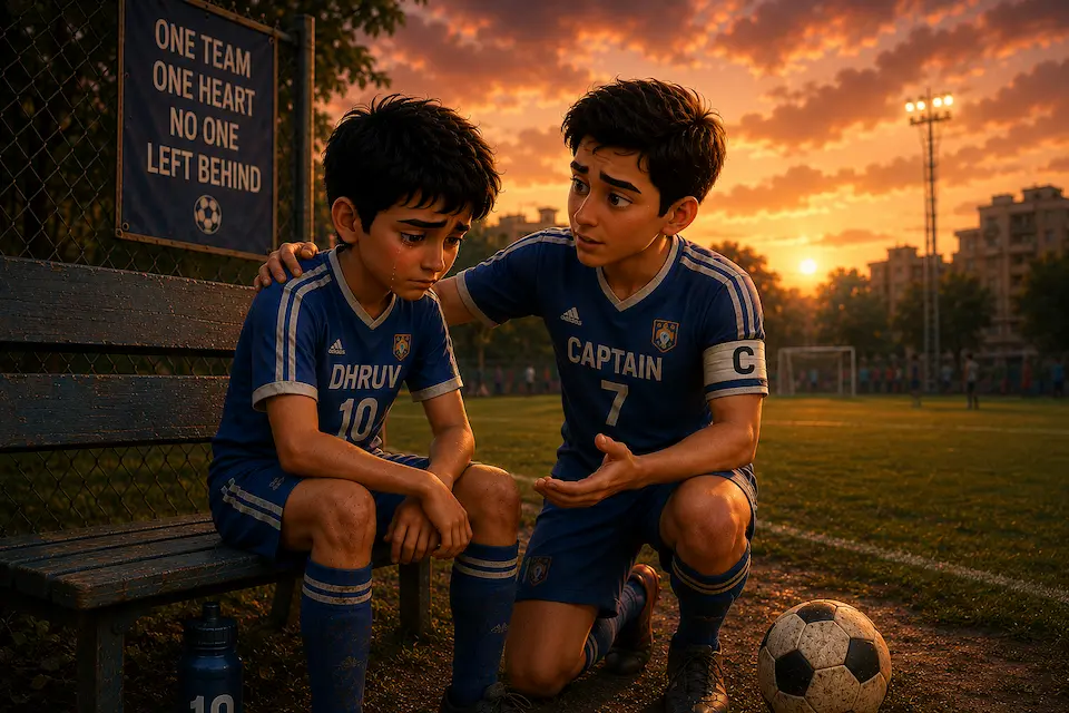 Two young soccer players in blue uniforms sit beside a football field at sunset, as the team captain comforts a sad teammate.