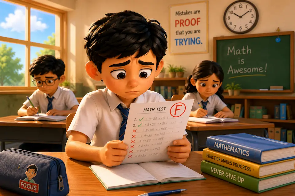 Math Test Failure – Learning from Mistakes A worried schoolboy sits at his classroom desk holding a math test marked with a red F, while classmates study in the background.