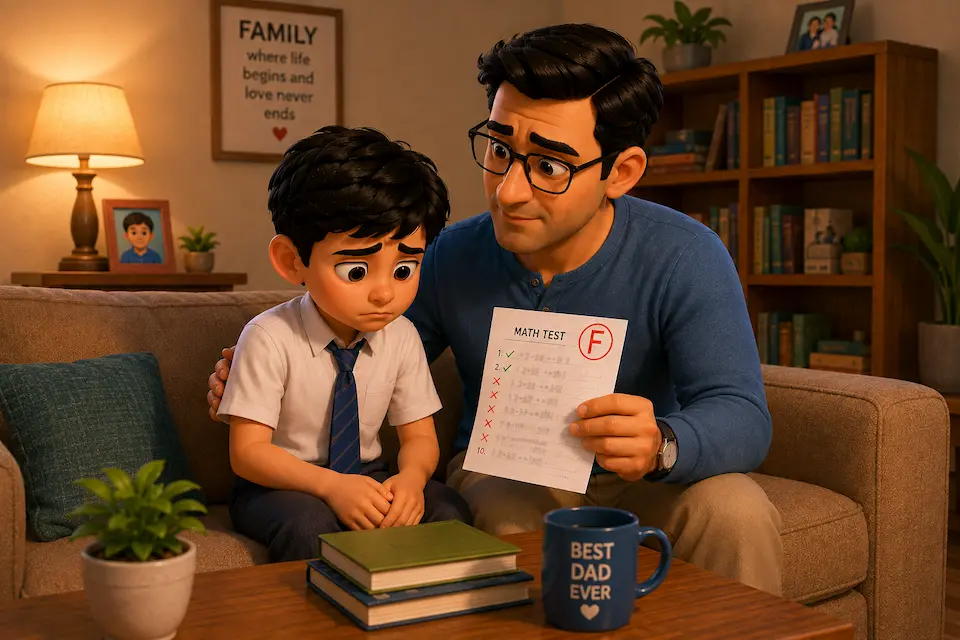 Father Encourages Son After Failure A father comforts his worried son while holding the boy’s failed math test in their living room.