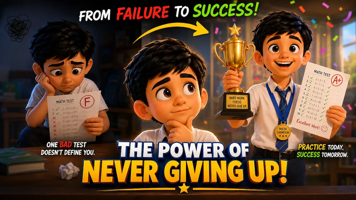 A 3D animated student is shown progressing from a failed math test to winning a trophy and earning an A+ grade.