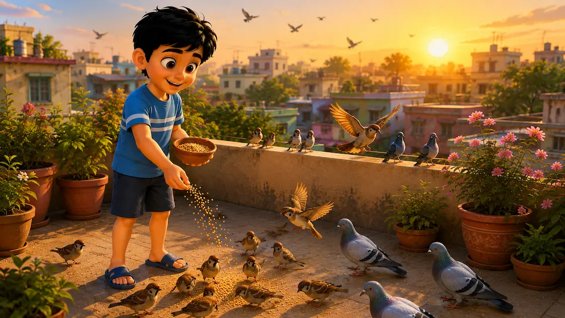 A young boy feeds grains to sparrows and pigeons on a rooftop at sunset.