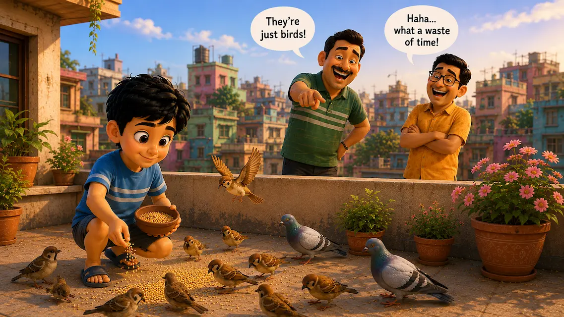 A boy feeds birds while two men laugh and dismiss his kindness.