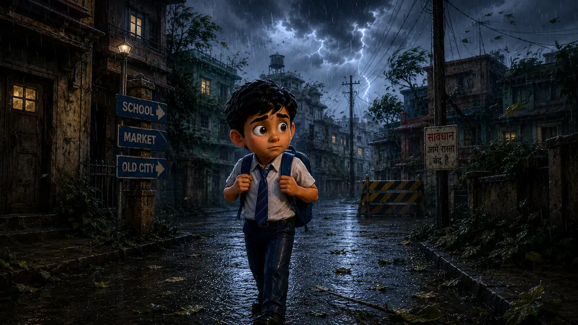 A worried schoolboy walks alone through a dark rainy street during a thunderstorm.