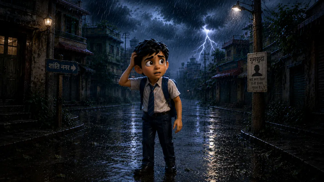 A frightened schoolboy stands alone in a rainy street during a thunderstorm.