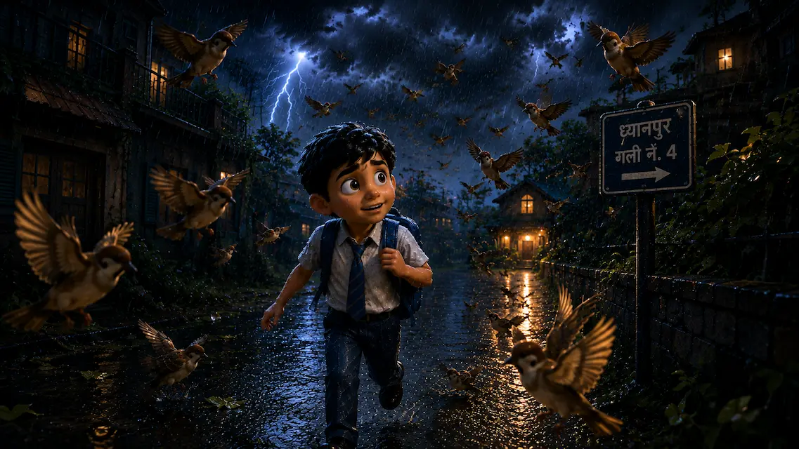 Sparrows fly around a smiling schoolboy as they guide him through a rainy city street.
