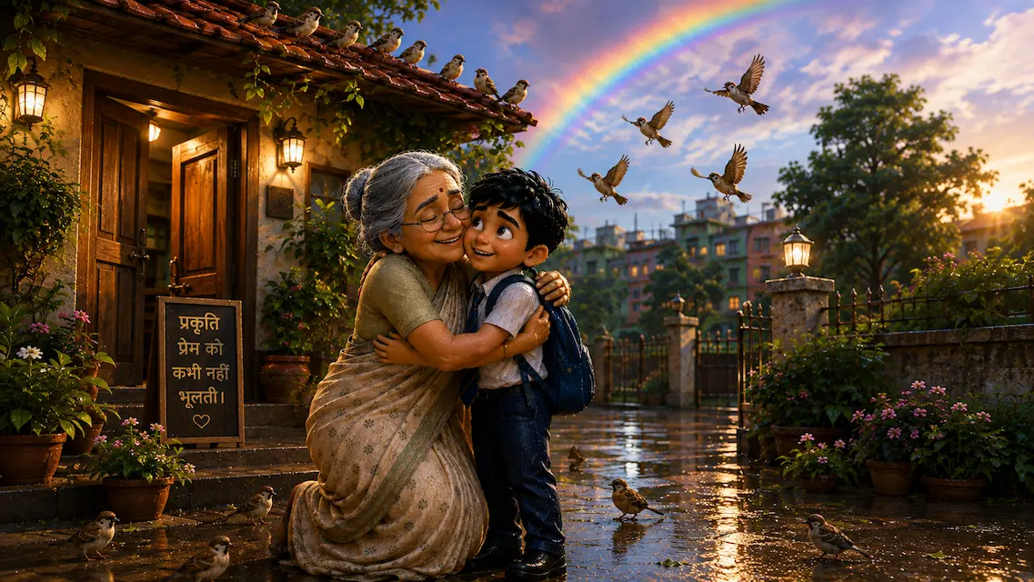 A grandmother hugs a smiling schoolboy after he safely returns home, with birds flying overhead.
