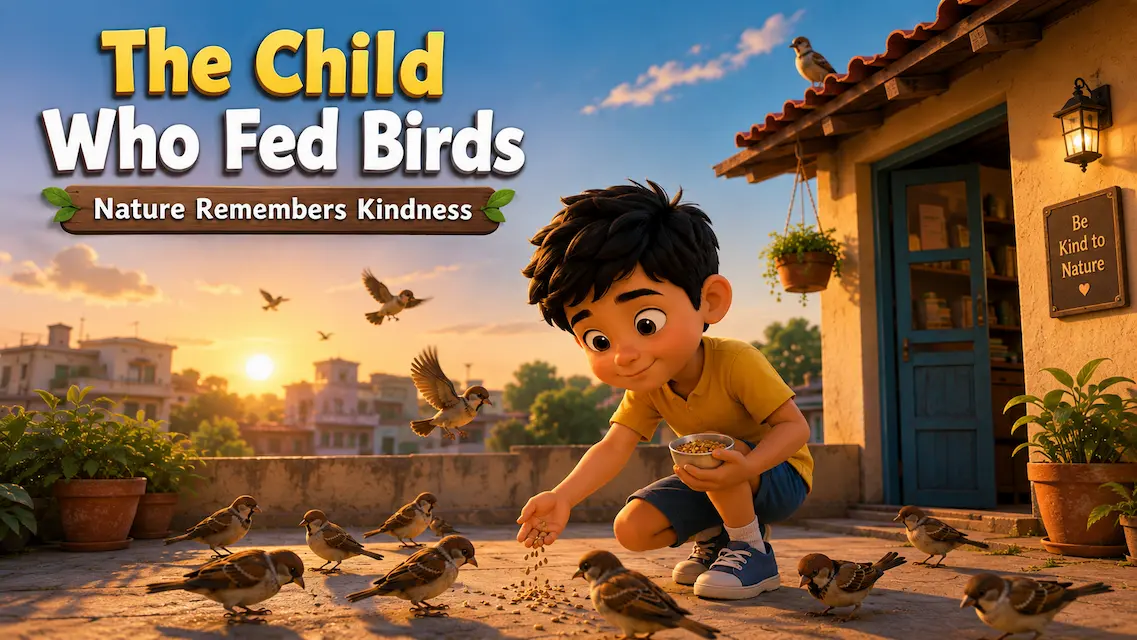 A touching 3D animated scene of a grandmother warmly embracing her grandson outside their home after the storm, with birds flying beneath a beautiful rainbow in the background.