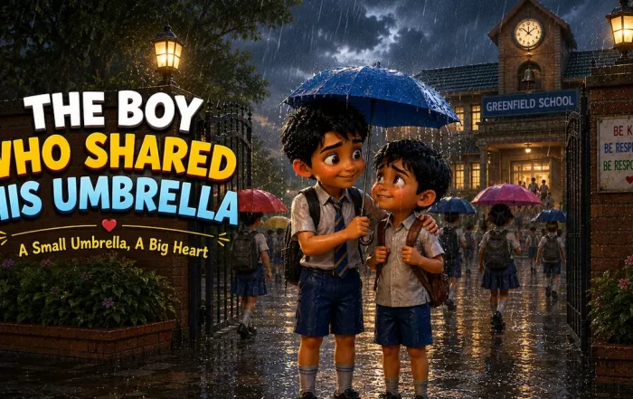 Two schoolboys walk home together on a wet street after the rain, smiling with their arms around each other.