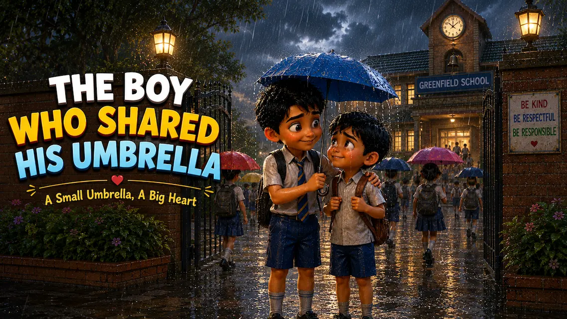 Two schoolboys walk home together on a wet street after the rain, smiling with their arms around each other.