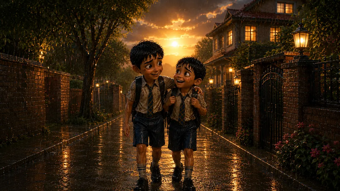 A schoolboy crouches beside a sad classmate and offers him shelter under a blue umbrella in heavy rain.