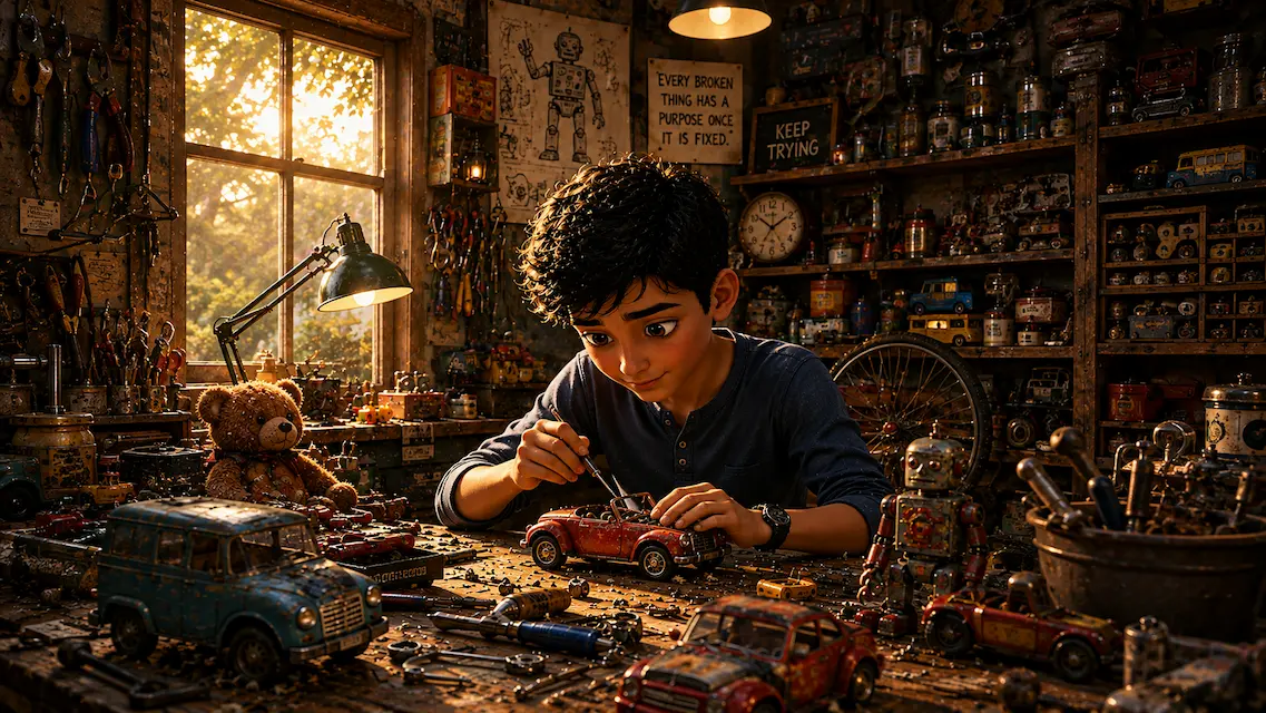 Learning, Building, and Never Giving Up A focused boy studies engineering drawings and works on a red model car at a cluttered workshop desk.