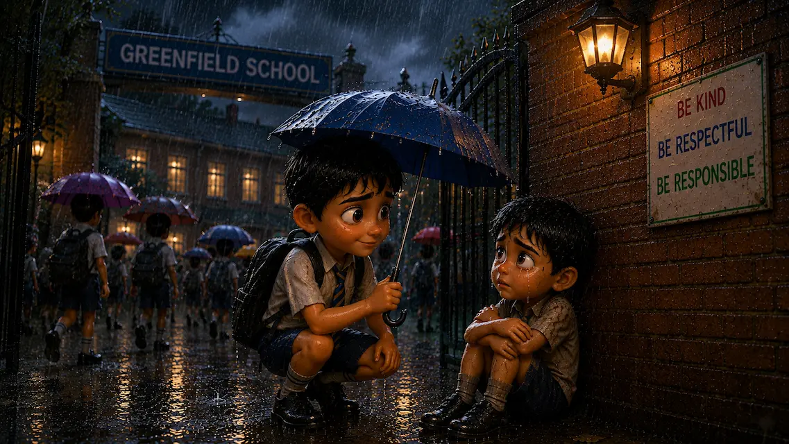 A schoolboy with a blue umbrella notices another boy sitting alone in the rain outside the school gate
