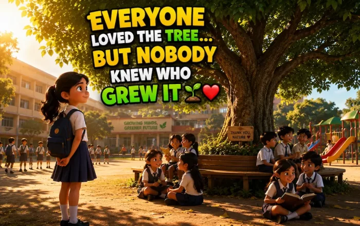 School children enjoying the shade of a beautiful tree while Ishita looks at it in the school garden.