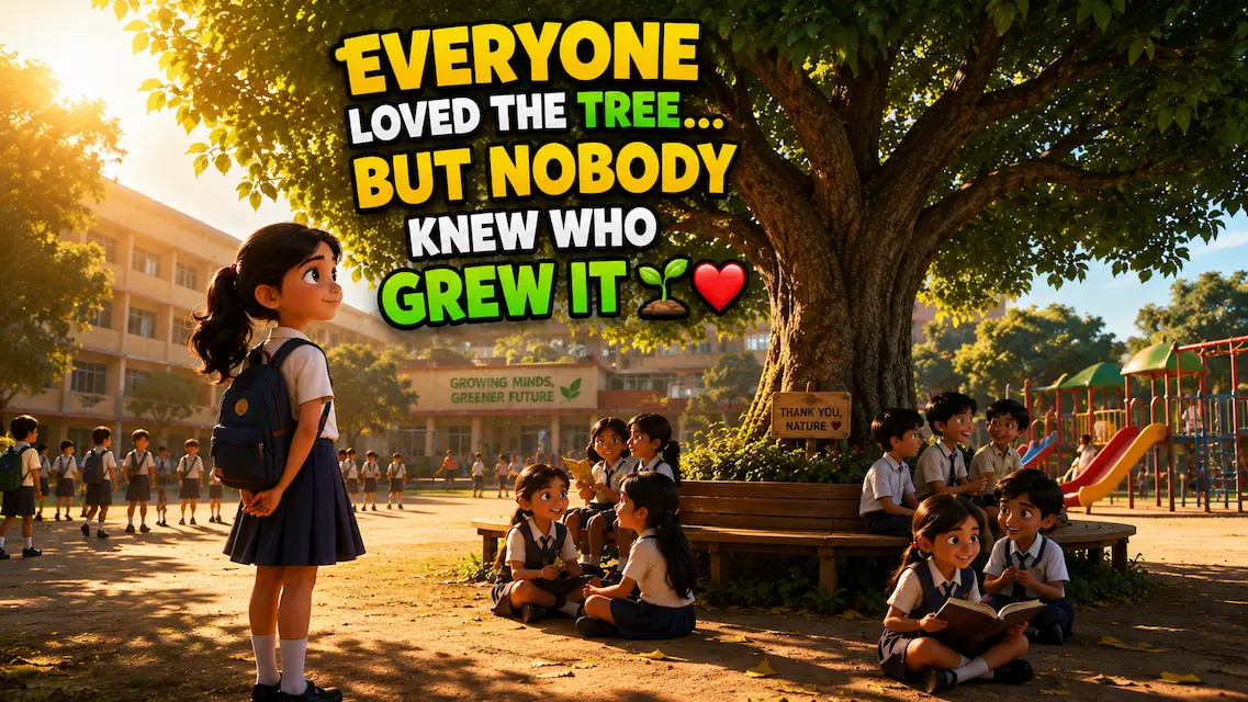 School children enjoying the shade of a beautiful tree while Ishita looks at it in the school garden.