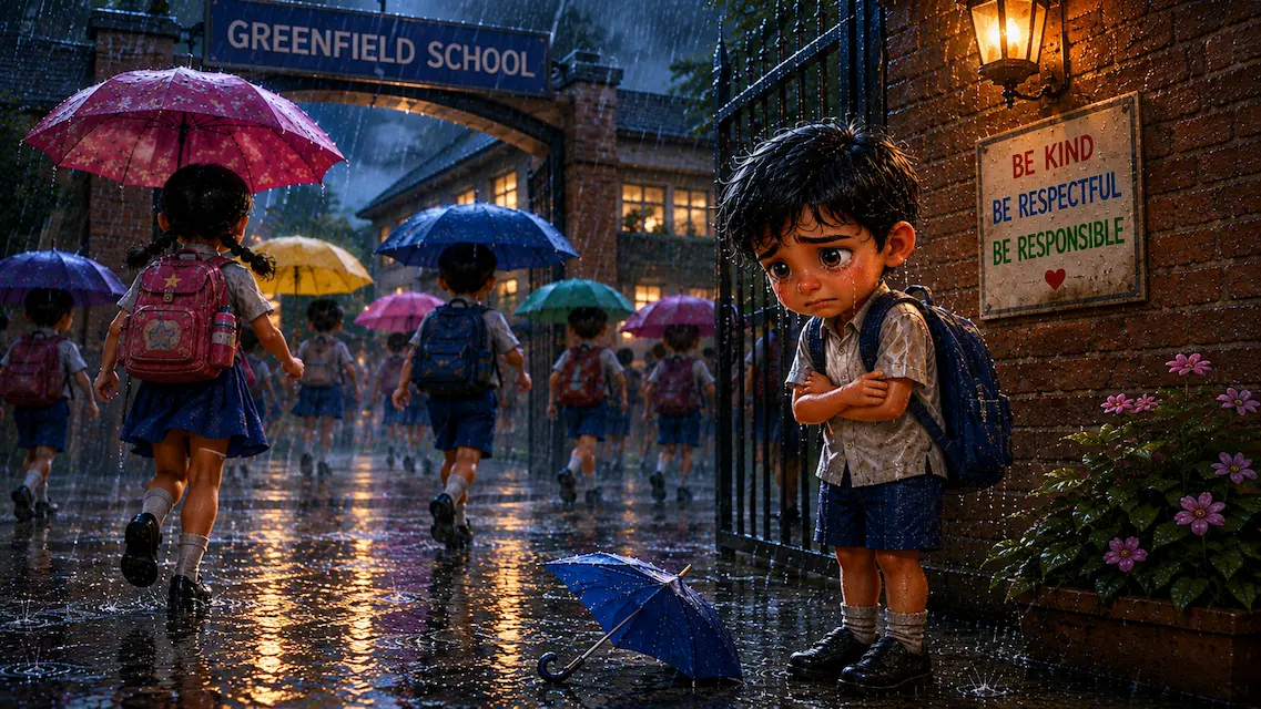 Sad Boy Standing in the Rain Without an Umbrella