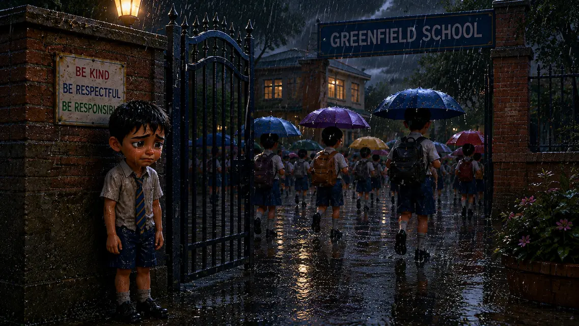 Sad Schoolboy Standing Alone in the Rain