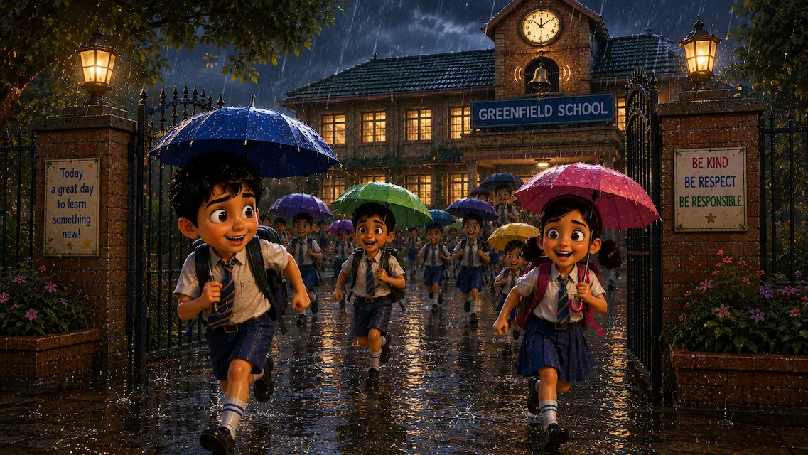 School children happily running toward Greenfield School with colorful umbrellas on a rainy day