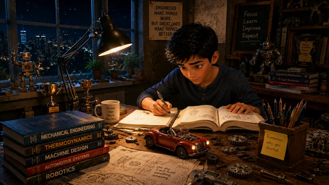 Veer Writing His Engineering Ideas Veer sits at a workshop desk, carefully writing engineering notes while studying drawings and a technical book.