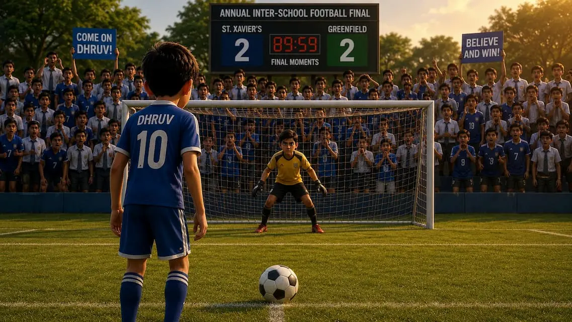 Dhruv in blue jersey number 10 stands ready to take a decisive penalty against the goalkeeper during an inter-school football final