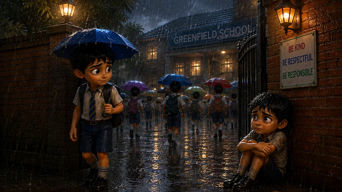 The Boy Who Shared His Umbrella story cover showing two schoolboys sharing an umbrella outside Greenfield School in the rain.