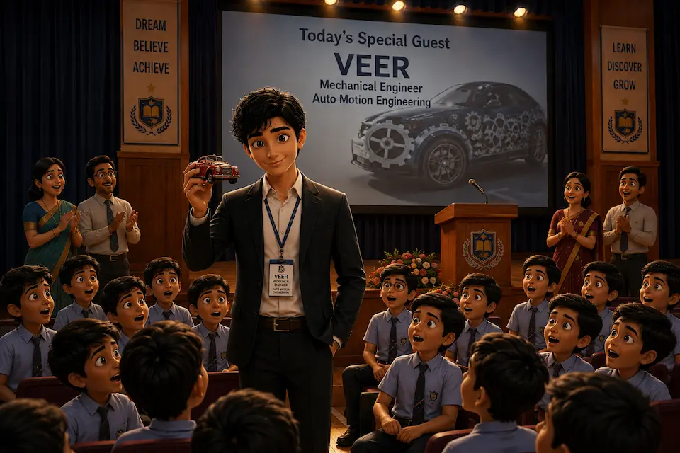 Veer Shares His Journey from Toys to Engineering Mechanical engineer Veer holds a small red toy car while speaking to excited school students during a motivational presentation.