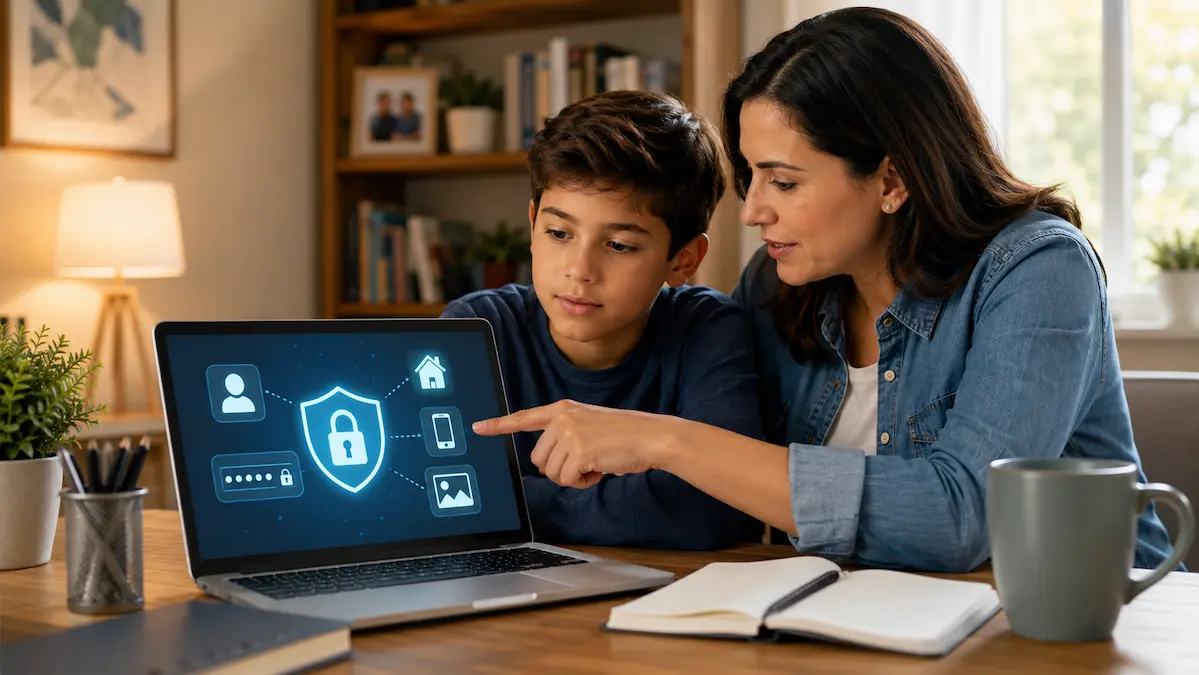 Parent teaching child about AI privacy and personal information